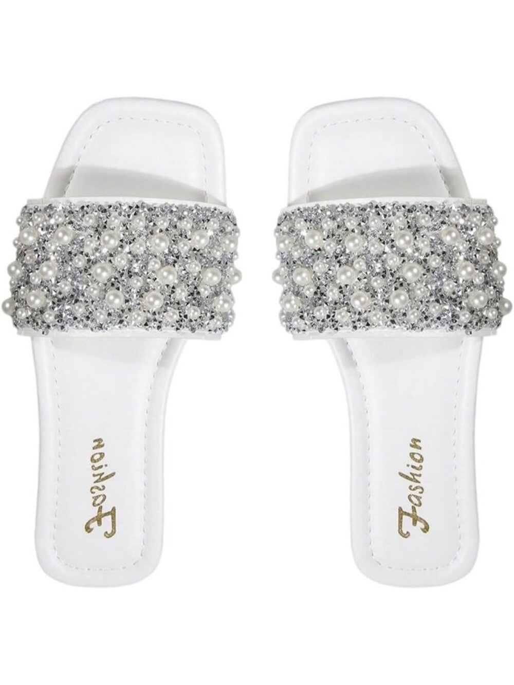 Women's White Sparkly Square Toe Rhinestone Jeweled Flat Pearl Boho Summer Shoes